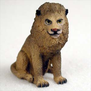 A detailed miniature lion figurine designed as a decorative bonsai tree ornament. The small, hand-painted lion is shown in a regal sitting pose, featuring a thick, textured mane in shades of tawny and dark brown. Its realistic details include attentive yellow eyes, a pinkish nose, and black-tipped ears. This miniature animal figurine is crafted to add a touch of wildlife and character to a bonsai landscape or fairy garden, providing a sense of scale and nature to the display.