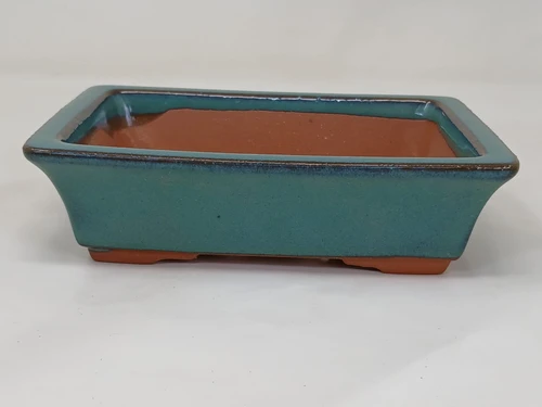 5 inch rectangular Yixing bonsai pot in a glossy teal green glaze, YX1130B