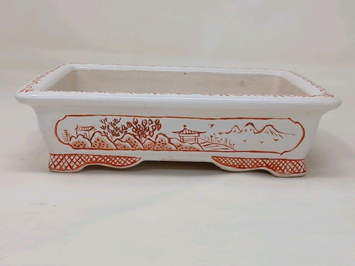 7 inch white glazed Yixing bonsai pot with a hand-painted landscape, 2125g