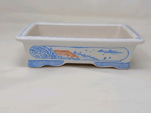 7 inch white ceramic Yixing bonsai pot with a hand-painted landscape, 2125i