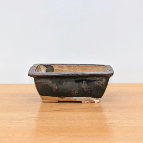 7 inch rectangular Bruce Lenore bonsai pot with a dark tenmoku glaze, No. 32