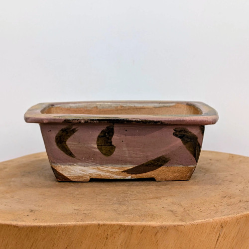 A rectangular, American handmade ceramic bonsai pot by artist Bruce Lenore is showcased against a plain white background. The pot features a muted, dusty rose or mauve glaze as its primary color, which is adorned with bold, expressive dark brown brushstrokes that wrap around the sides. Near the base, there are subtle hints of white and cream-colored glazes, adding depth to the finish. The pot is designed with a flared rim and small, integrated block feet at the corners. The interior of the pot reveals the natural, unglazed texture of the fired clay. This unique, artisanal piece is positioned on a rustic, circular light-wood base, highlighting its handcrafted character and earthy tones.