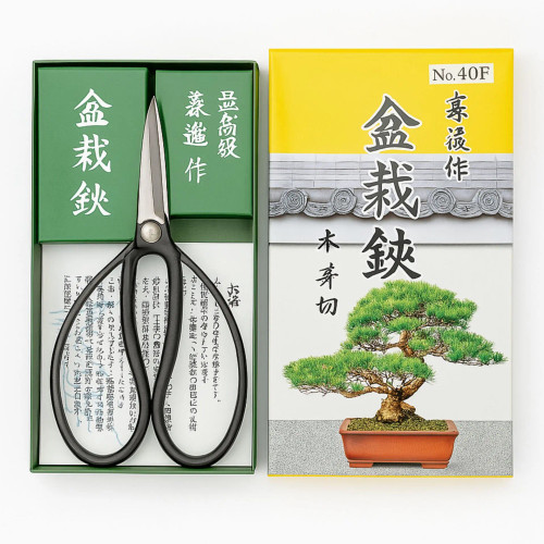 A top-down view shows a pair of professional-grade Kaneshin No. 40F Japanese butterfly root shears presented in their original packaging. On the left, the shears sit inside an open, dark green rectangular box. They feature sharp, narrow stainless steel blades and large, symmetrical black looped handles, resting atop a white paper insert covered in Japanese script. Above the shears, two smaller green boxes are printed with white Japanese calligraphy. 

To the right is the decorative box lid, which is bright yellow at the top with the model number "No. 40F" printed in a white box. The center of the lid features large vertical Japanese characters for "Bonsai Shears" set against a white background with a gray tiled roof design. Below the text is a detailed illustration of a mature pine bonsai tree with lush green needles and a thick, textured trunk, planted in a rectangular reddish-brown ceramic pot. This high-quality tool set represents traditional Japanese craftsmanship designed for the precise task of bonsai root pruning.