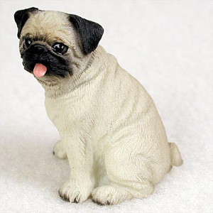 Miniature fawn pug figurine seated and looking slightly left, a bonsai accessory