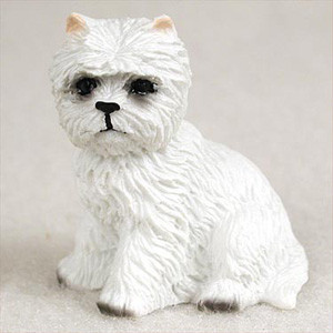A detailed, small-scale figurine of a West Highland White Terrier, commonly known as a Westie, designed as an accessory for a bonsai tree or miniature garden. The figurine features a bright white, textured surface that mimics the appearance of a terrier's thick, wiry coat. The dog's face is intricately detailed with dark, soulful black eyes, a small black nose, and a simple black line for its mouth, giving it a gentle and curious expression. Its small, pointed ears have a faint hint of peach or light tan on the inner tips. The Westie is shown in a seated pose, with its front paws visible at the bottom, resting on a neutral, light-colored background. This charming miniature is perfect for adding character and a lifelike touch to a bonsai display or any indoor fairy garden.