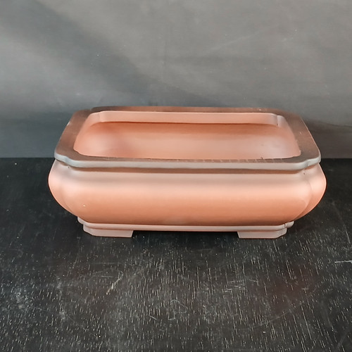 A detailed view of a 10-inch unglazed rectangle Yixing ceramic bonsai pot, product No. 1077 from Bonsai Outlet. The pot is crafted from traditional Yixing clay, featuring a natural, matte reddish-brown terracotta finish. It has a classic rectangular silhouette with subtly rounded corners and outward-curving sides that create a deep basin for soil and roots. 

A thicker, slightly darkened rim adds a defined edge to the top of the pot. It is elevated on four sturdy, integrated rectangular feet, which are essential for providing the proper air circulation and drainage required for healthy bonsai tree growth. The pot is photographed on a dark, textured wooden surface against a dark, minimalist background, highlighting its earthy tones and elegant, functional design.