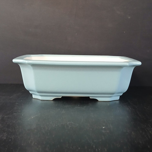 9 inch square Yixing ceramic bonsai pot in a soft light blue glaze