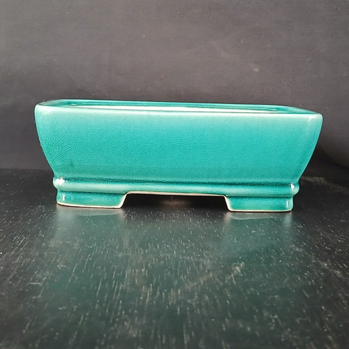 7 inch rectangular Yixing bonsai pot in green with a fine kanyu crackle glaze