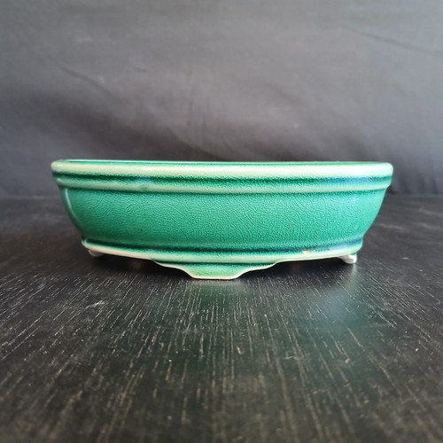 6 inch oval Yixing bonsai pot in an emerald green crackle glaze, No. 1921b