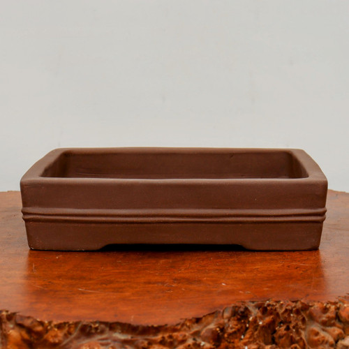 A high-angle, front-facing studio shot of a 9-inch unglazed rectangular Yixing bonsai pot. The pot is crafted from a smooth, matte clay in a rich, earthy chocolate-brown color. Its design is minimalist yet elegant, featuring softly rounded corners and two thin, parallel ridges that encircle the midpoint of the exterior walls for a subtle decorative effect. The container is supported by four low, sturdy feet that are seamlessly integrated into the base. It sits empty on a polished, reddish-brown wooden display table that has a natural, irregular live edge at the bottom of the frame. The background is a neutral, off-white wall, providing a clean contrast that emphasizes the classic shape and texture of this traditional ceramic bonsai vessel.