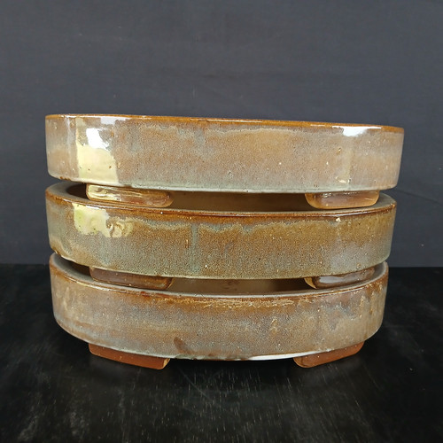 Three 12 inch oval Yixing pots stacked, model 2532h