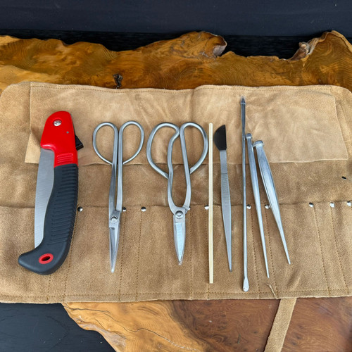A top-down photograph displays a professional-grade 7-piece bonsai tool set laid out in an open tan suede leather tool roll. The set is positioned on a rustic, live-edge wooden surface against a dark background. 

From left to right, the tools include:
*   A **folding pruning saw** with a bright red and black textured grip handle and a serrated stainless steel blade.
*   Two pairs of **stainless steel bonsai scissors** featuring large round finger loops; one has long, slender blades for reaching deep into foliage, while the other has shorter, broader blades for general leaf and bud trimming.
*   A light-colored **bamboo stick** used for soil manipulation and checking moisture levels.
*   A pair of **stainless steel tweezers** equipped with a small, flat spatula end for delicate tasks like removing weeds or tamping down moss.
*   Three specialized, slender **stainless steel tools** with tapered ends, including items like wire cutters and jin pliers, essential for shaping and refining bonsai trees.

The light brown leather roll features individual stitched pockets for each tool, secured with small silver rivets. The entire presentation conveys a sense of high-quality craftsmanship and organized care, typical of a dedicated bonsai enthusiast's equipment.