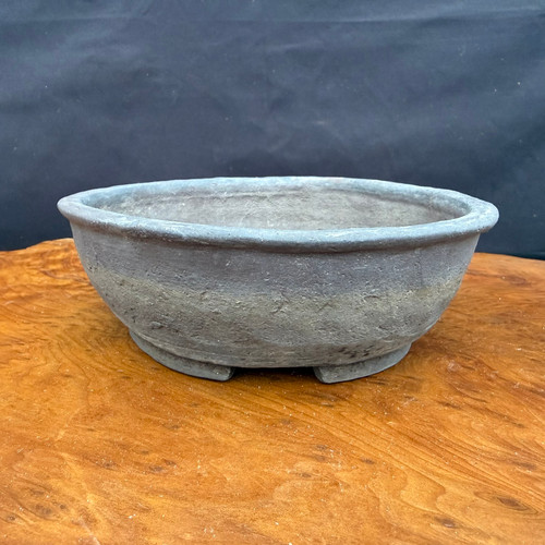 7 inch vintage Seizan Kiln unglazed round bonsai pot with a mottled gray finish