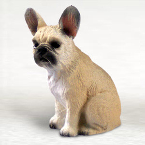 A detailed miniature figurine of a fawn-colored French Bulldog, specifically designed as a decorative accent for bonsai trees or miniature gardens. The small Frenchie is depicted in an upright sitting pose, looking slightly toward the left. It features the breed's characteristic large, erect "bat" ears with dark-grey tips, a wrinkled black muzzle, and alert dark eyes. The figurine has a molded, textured surface representing short fur, with a light tan or fawn-colored body and a white patch extending down its chest. Its sturdy front paws are visible at the base, showing tiny dark claws. This charming fawn French Bulldog bonsai figurine is crafted to add a realistic and whimsical touch to indoor bonsai tree arrangements and tiny landscapes.