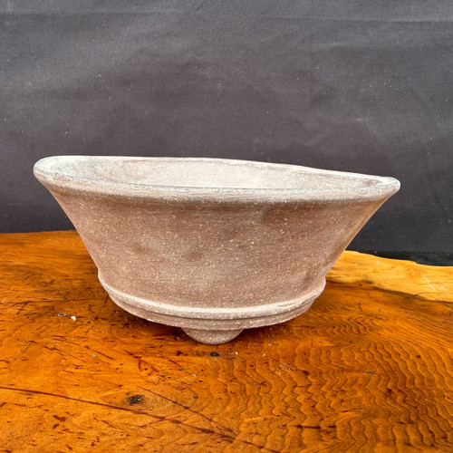 6.25 inch Shuho handmade round flared unglazed shohin bonsai pot, front view