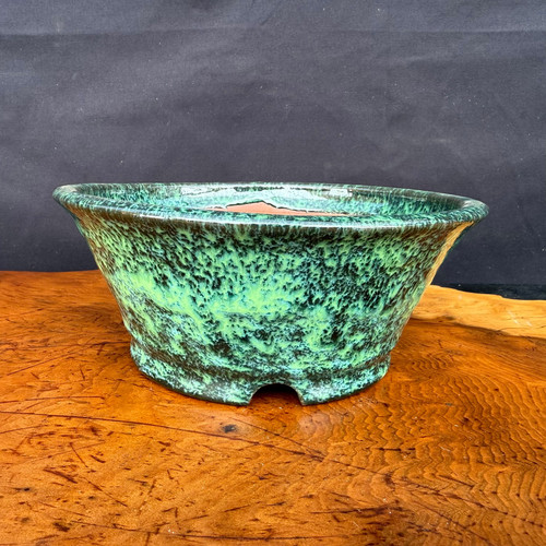 Shuho handmade round flared green glazed bonsai pot front view