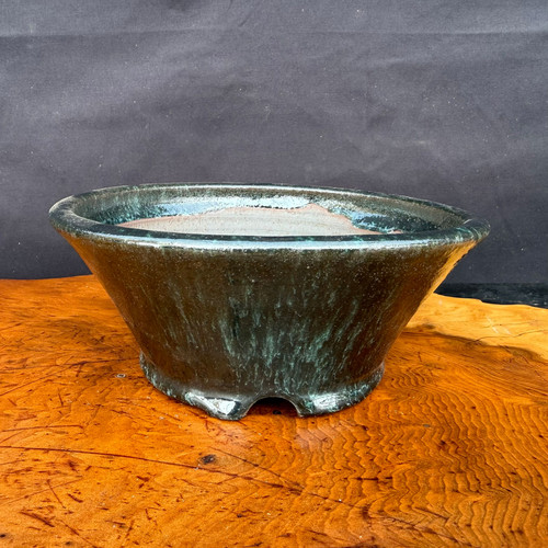 Shuho handmade round flared dark green glazed bonsai pot front view