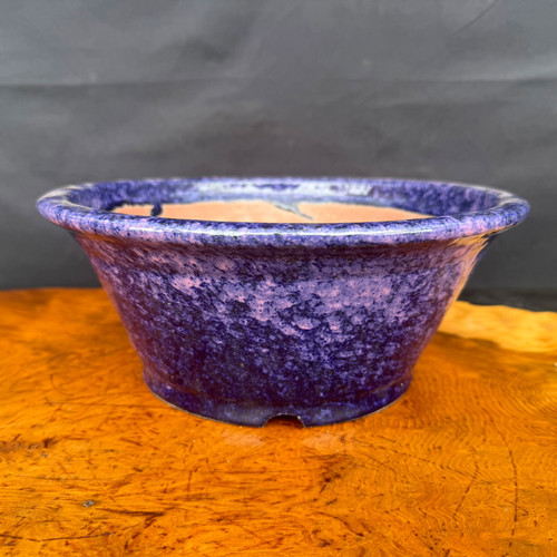 Shuho handmade round flared purple glazed bonsai pot front view