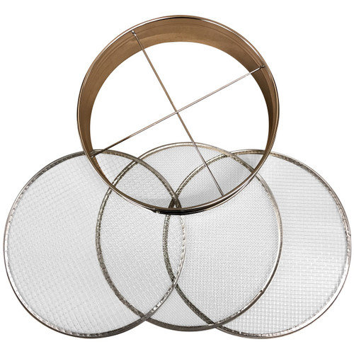 A top-down view of a bonsai soil sieve set, featuring a circular, copper-toned metal frame positioned above three interchangeable mesh screens. The frame has two thin cross-bars inside for support. Below, the three circular stainless steel screens, shown in varying mesh sizes from fine to coarse, are arranged in an overlapping fan pattern. This tool is designed for sifting and grading soil during the bonsai re-potting process to ensure optimal drainage and aeration for tree health.