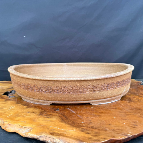 16.5" Oval Brown Unglazed Jack Hoover Bonsai Pot with Carved Textured (No. 693)