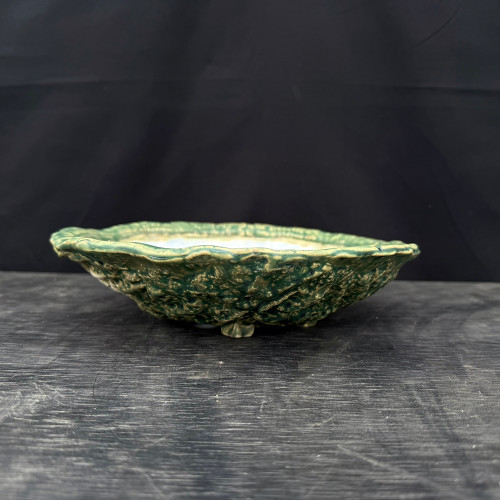 10" John Fazzino Handmade Bonsai Pot - Round with Textured Green Glaze (No. 21)