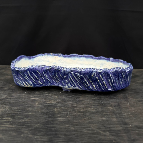 10" John Fazzino Handmade Bonsai Pot - Textured Abstract Oval in Deep Cobalt (No. 32)