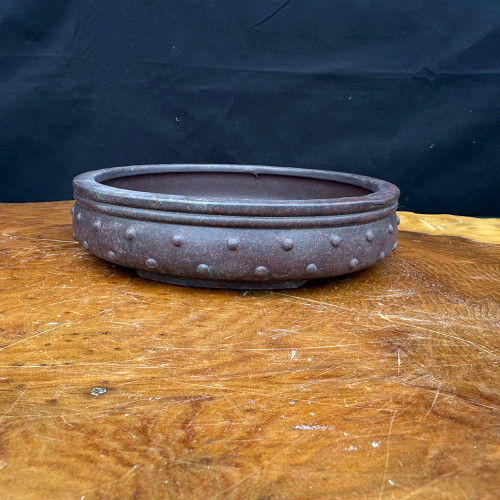 7-Inch Round Unglazed Bonsai Pot with Rivet Detailing - Kiln Stamped (NEBG. 1137)
