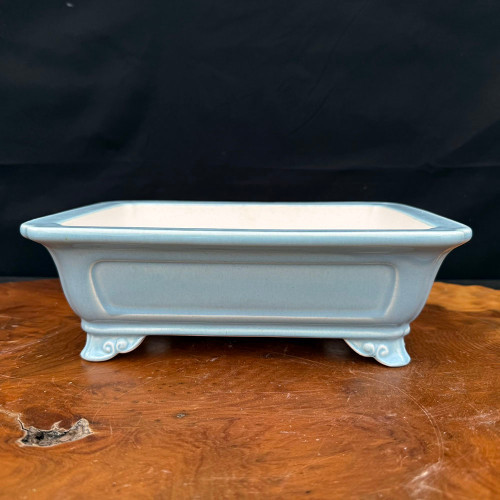 10 inch powder blue glazed Yixing bonsai pot, rectangular with cloud feet