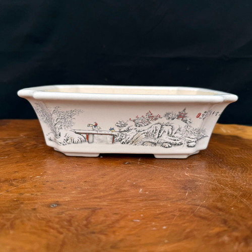 8.75 inch rectangular white glazed Yixing bonsai pot with a horse and bridge scene