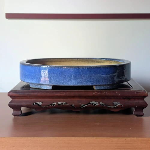 Blue Glazed Yixing Bonsai Pot on a display stand