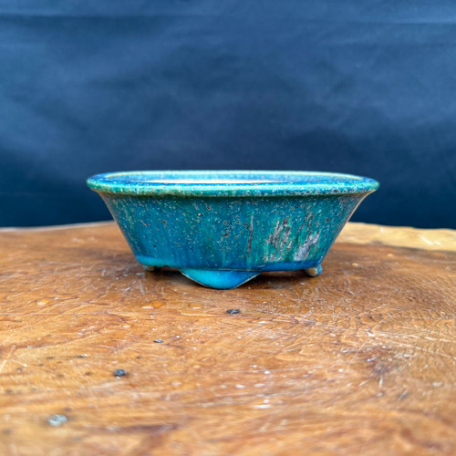 Used Koyo glazed oval bonsai pot shown from the side with vibrant turquoise blue-green glaze, flared oval shape, raised feet, and handmade Japanese bonsai container profile.