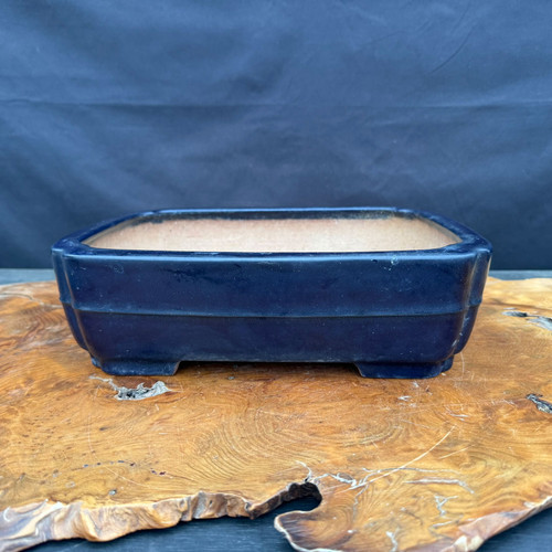 Vintage Yamafusa Japanese rectangular bonsai pot shown from the side with deep blue glaze, rounded corners, sturdy feet, and classic ceramic bonsai container form.