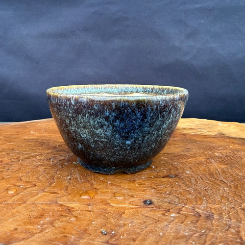 Vintage Yamaaki small round Japanese bonsai pot in a textured blue-brown glaze