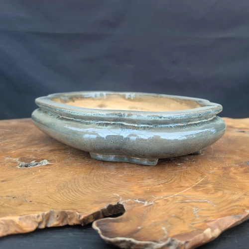 12 inch oval Yixing bonsai pot in a glossy sea-foam green glaze, No. 1862k