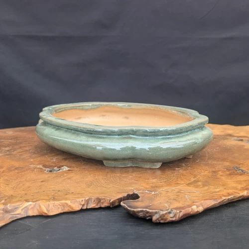 12 inch oval Yixing bonsai pot in a glossy sea-foam green glaze, No. 1862m