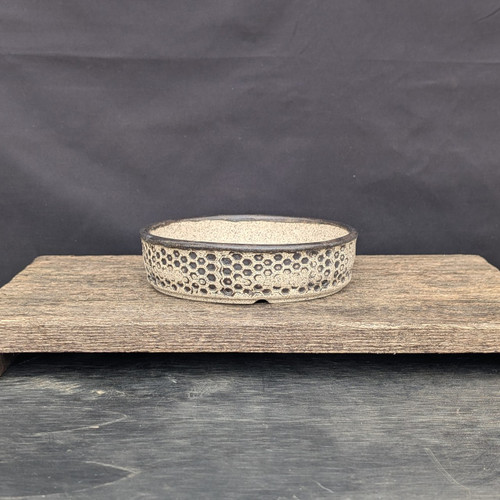 6 inch Andy Arnault round bonsai pot, honeycomb texture in black and white, No. 735