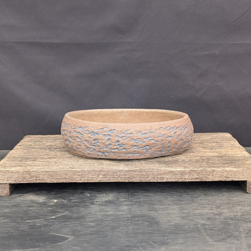 9 inch Andy Arnault oval bonsai pot, blue pebble texture on natural clay, No. 736