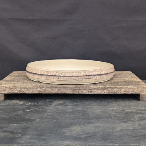 10 inch Andy Arnault shallow round bonsai pot, cream crackle glaze with banded rim, No. 739