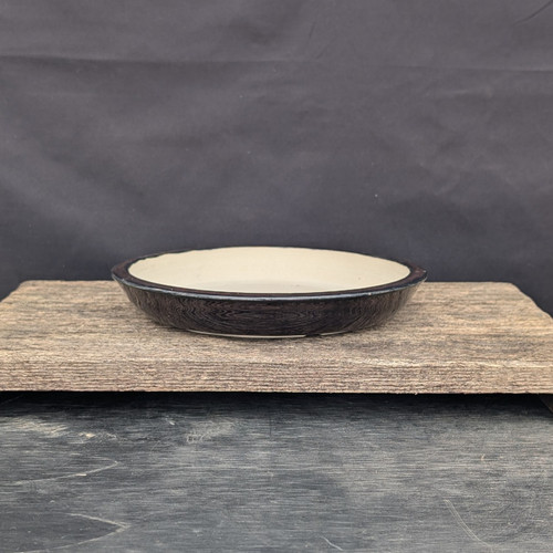 8 inch Andy Arnault shallow round bonsai pot, glossy black glaze, No. 741
