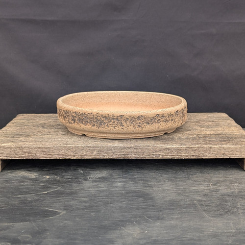 8 inch Andy Arnault round bonsai pot, natural clay with textured grey band, No. 744