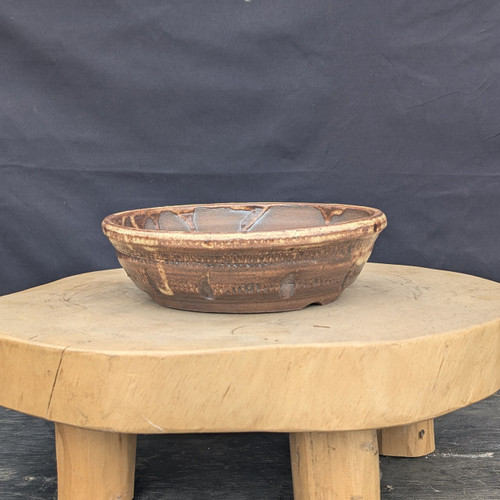 8 inch Paul Olson round bonsai bowl, amber glaze with impressed bands, No. 623