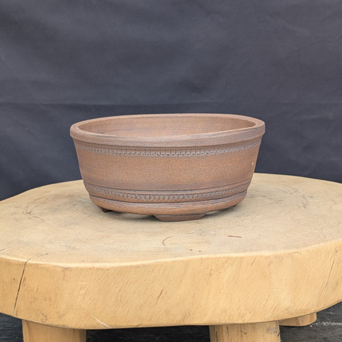 7 inch Paul Olson deep round bonsai pot, unglazed clay with impressed bands, No. 624