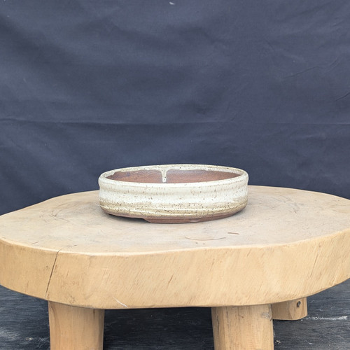 7 inch Paul Olson round bonsai pot, speckled white glaze, No. 627