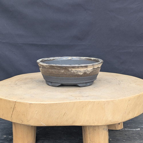7 inch Paul Olson round bonsai pot, brown and cream glaze over grey clay, No. 629