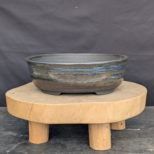 12 inch Paul Olson deep round bonsai pot, dark glaze with blue streaks, No. 639