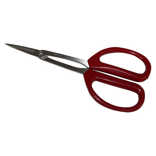 A pair of Tinyroots Traditional Butterfly Shears, an essential tool for precise bonsai tree pruning and trimming. These high-quality bonsai shears feature sharp, pointed stainless steel blades and large, ergonomic butterfly-style handles with a vibrant red vinyl coating for a comfortable and controlled grip. The brand name "Tinyroots" is clearly engraved on the metal shank above the pivot. The shears are displayed from a diagonal top-down perspective against a solid, clean white background, highlighting their sleek and functional design.