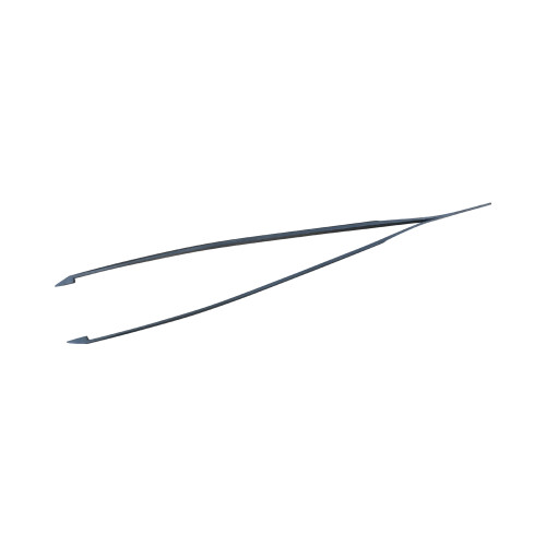 A studio photograph of a pair of professional Japanese pine needle tweezers, a specialized tool essential for bonsai tree maintenance. These slender, dark-colored steel tweezers feature long, tapered arms that converge at a sharp point on the right side. The precision tips on the left are slightly angled with a small, flat "foot," specifically designed for delicate tasks like plucking old pine needles, removing debris from the soil, and intricate grooming without damaging the bonsai. The tool is showcased against a minimalist white background, highlighting its elegant and functional design as a high-quality Japanese bonsai tool.