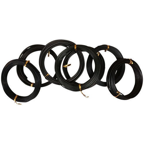 A set of six rolls of black anodized aluminum bonsai wire, neatly coiled and secured with small gold twist ties. The rolls are arranged in an overlapping horizontal row against a clean white background, showcasing the different gauges available for shaping and training bonsai trees. Each bundle represents an individual 100-gram roll, a fundamental tool used by bonsai enthusiasts to guide and style tree branches and trunks into their desired artistic forms.