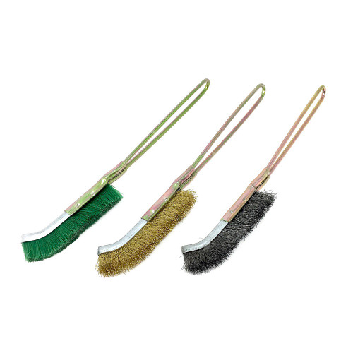 A set of three specialized bonsai brushes is shown diagonally against a white background, each designed for different levels of cleaning and maintenance. The brushes feature long, thin wire-loop handles in a gold-toned finish with a curved metal head to reach tight spaces. From left to right, the first brush has soft green nylon bristles for gentle cleaning. The second brush contains stiff, gold-colored brass bristles for moderate scrubbing of bark and trunk surfaces. The third brush has heavy-duty, dark silver steel wire bristles, ideal for removing deadwood or cleaning stubborn debris. This collection represents essential bonsai tools used for keeping trees and pots in pristine condition.