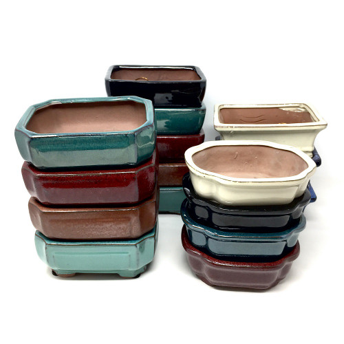 A vibrant collection of small, glazed ceramic bonsai pots is neatly arranged in stacks against a plain white background. The assortment features various shapes, including rectangular pots with rounded corners and scalloped oval designs. 

Each pot boasts a high-gloss glaze in a rich palette of colors such as deep maroon, forest green, earthy brown, jet black, and creamy white, contrasting with their natural, unglazed reddish-brown clay interiors. Some of the interiors show small circular drainage holes at the bottom, essential for healthy plant growth. These decorative bonsai containers are shown in multiple styles and colors, illustrating the diverse options available for pairing with different bonsai tree species to create a harmonious aesthetic.